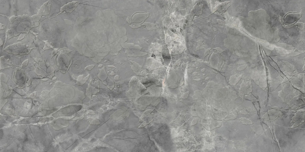 Tapet personalizat marble in nuante de gri cu flori in textura grey marble flowers