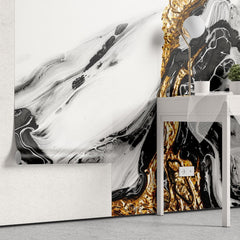 Tapet personalizat marble cu o textura de piatra asemanatoare lavei solidificate cu nuante aurii si negre pentru un impact vizual puternic gold lava