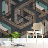 Tapet personalizat wood cu model geometric in 3d si textura de lemn 3d wood