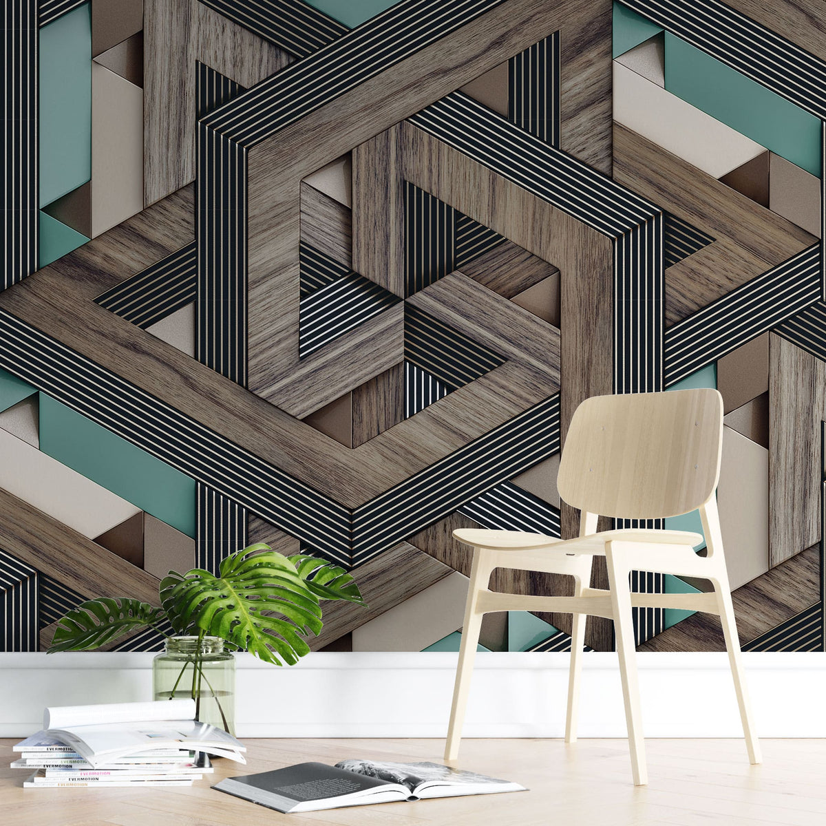 Tapet personalizat wood cu model geometric in 3d si textura de lemn 3d wood