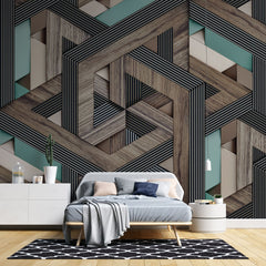 Tapet personalizat wood cu model geometric in 3d si textura de lemn 3d wood
