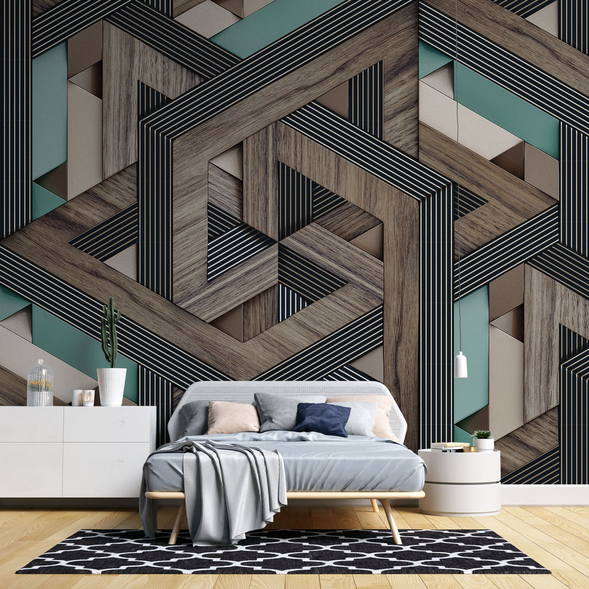 Tapet personalizat wood cu model geometric in 3d si textura de lemn 3d wood
