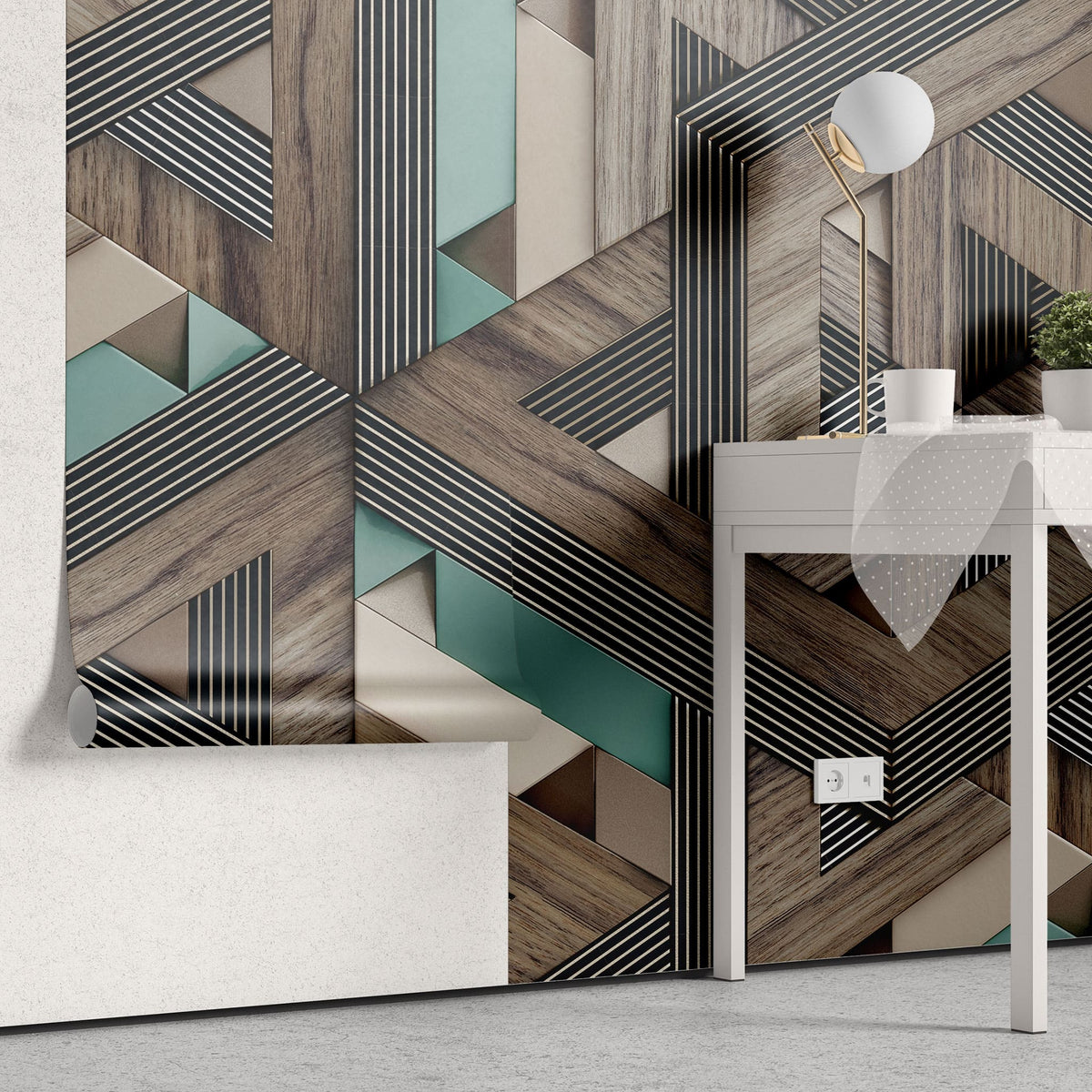 Tapet personalizat wood cu model geometric in 3d si textura de lemn 3d wood