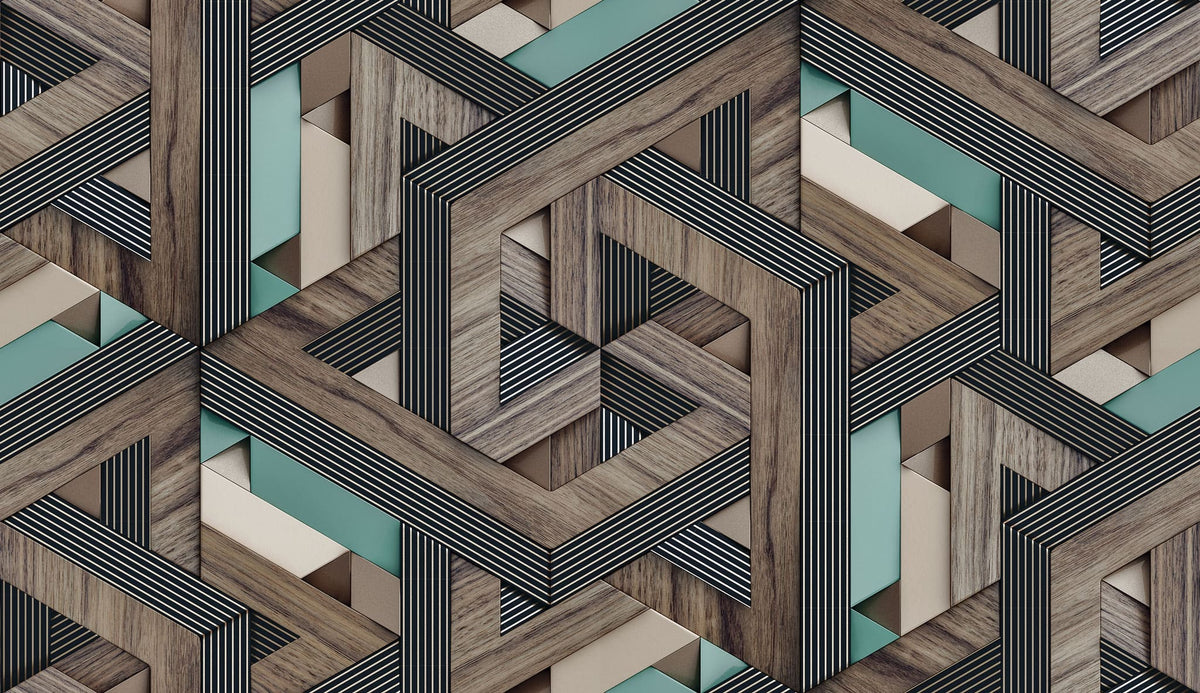 Tapet personalizat wood cu model geometric in 3d si textura de lemn 3d wood