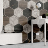 Tapet personalizat wood cu model geometric in forma de fagure si textura de lemn is marmura alba si neagra wood marble honeycomb
