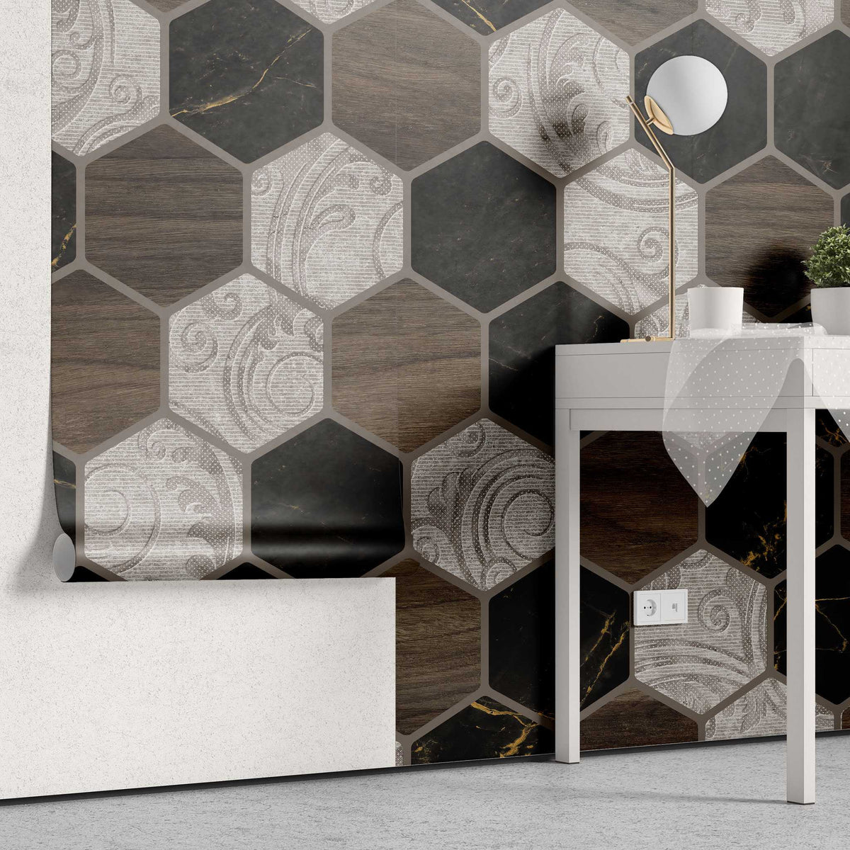 Tapet personalizat wood cu model geometric in forma de fagure si textura de lemn is marmura alba si neagra wood marble honeycomb