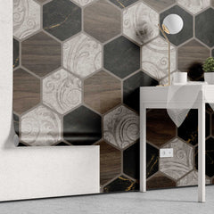 Tapet personalizat wood cu model geometric in forma de fagure si textura de lemn is marmura alba si neagra wood marble honeycomb