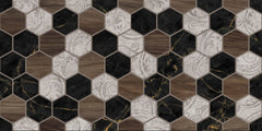 Tapet personalizat wood cu model geometric in forma de fagure si textura de lemn is marmura alba si neagra wood marble honeycomb
