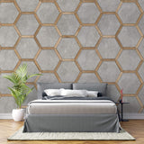 Tapet Personalizat Wood cu combinatie de lemn si ciment dispusa hexagonal - CONCRETE HONEYCOMB