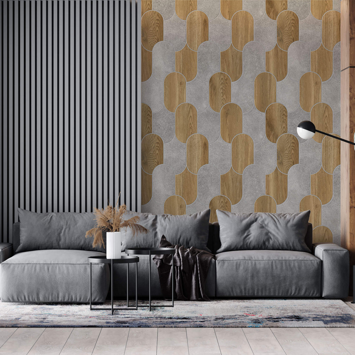 Tapet Personalizat Wood cu combinatie de textura de lemn si ciment dispusa in forme ovale - CONCRETE ART DECO