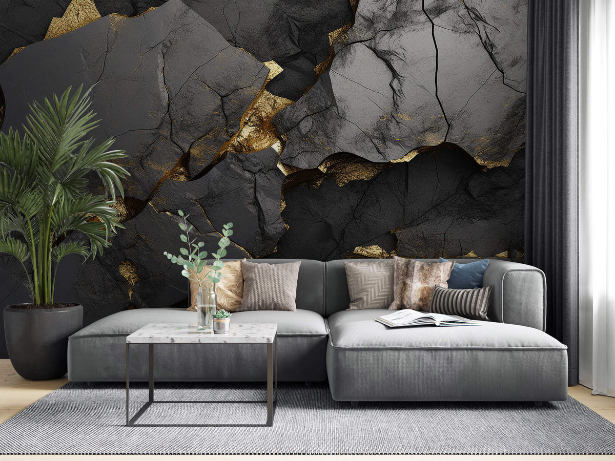 Tapet Personalizat Stone cu stanca de piatra neagra in 3d si accente aurii - 3D GOLDEN BLACK
