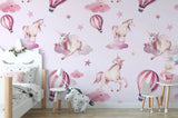 Tapet personalizat taramul printeselor pentru copii cu unicorni si baloane cu aer cald roz pink unicorn