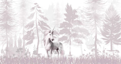 Tapet Personalizat Taramul Printeselor pentru copii cu uniccorn alb intr-o padure cu nuante mov pastel - FOREST UNICORN