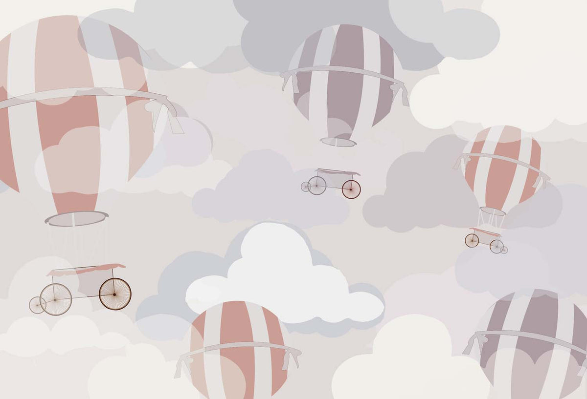 Tapet Personalizat Taramul Printeselor pentru copii cu baloane cu aer cald in nuante pastelate si cer innorat - PASTEL HOT AIR BALLOONS