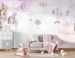 Tapet Personalizat Taramul Printeselor pentru copii cu baloane cu aer cald desenate in stil watercolor in nuante de roz - WATERCOLOR BALOONS
