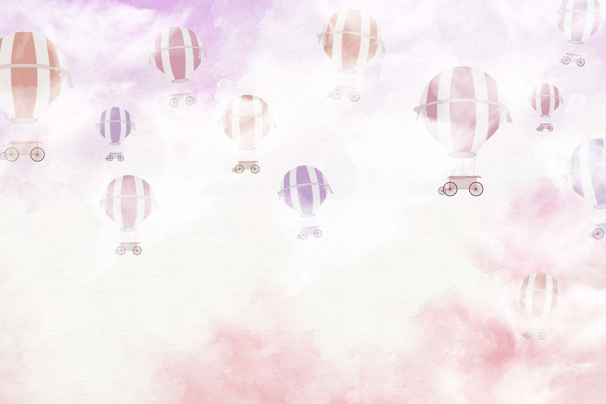 Tapet Personalizat Taramul Printeselor pentru copii cu baloane cu aer cald desenate in stil watercolor in nuante de roz - WATERCOLOR BALOONS