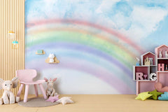 Tapet Personalizat Taramul Printeselor pentru copii cu cer cu nori si curcubeu estompat - BLUE SKY RAINBOW