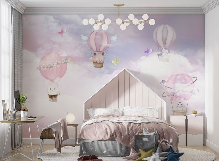 Tapet Personalizat Taramul Printeselor pentru copii cu animalute in baloane roz cu aer cald - PURPLE BUNNY BALLOONS