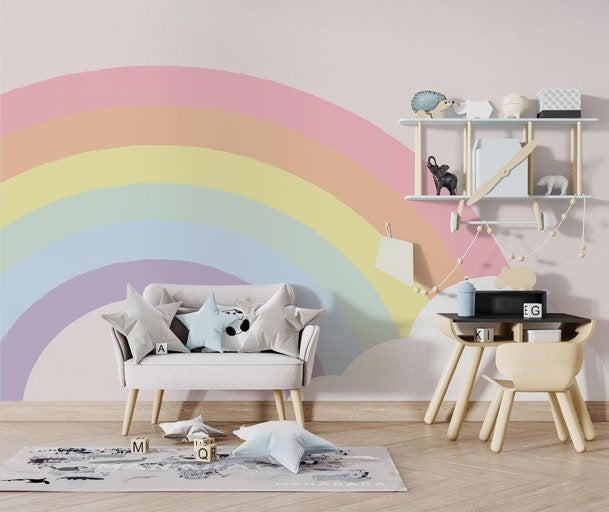 Tapet Personalizat Taramul Printeselor pentru copii cu sectiune de curcubeu iesind din nori - DOODLE RAINBOW