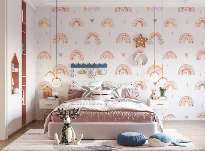 Tapet Personalizat Taramul Printeselor pentru copii cu inimioare si curcubee in stil pattern - LITTLE RAINBOW LOVE