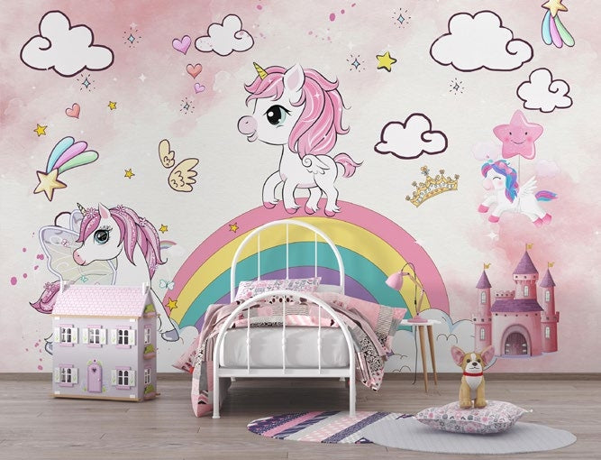 Tapet Personalizat Taramul Printeselor pentru copii cu ponei unicorni si curcubeu in nuante de roz - MY LITTLE UNICORN