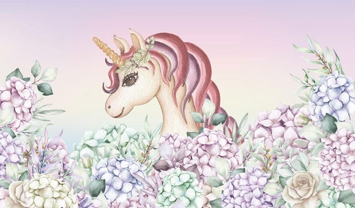 Tapet Personalizat Taramul Printeselor pentru copii cu unicorn floral in nuante de roz - FLORAL BABY UNICORN