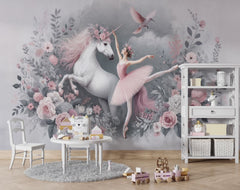 Tapet Personalizat Taramul Printeselor pentru copii cu unicorn si balerina cu elemente florale in nuante de roz - UNICORN BALLERINA