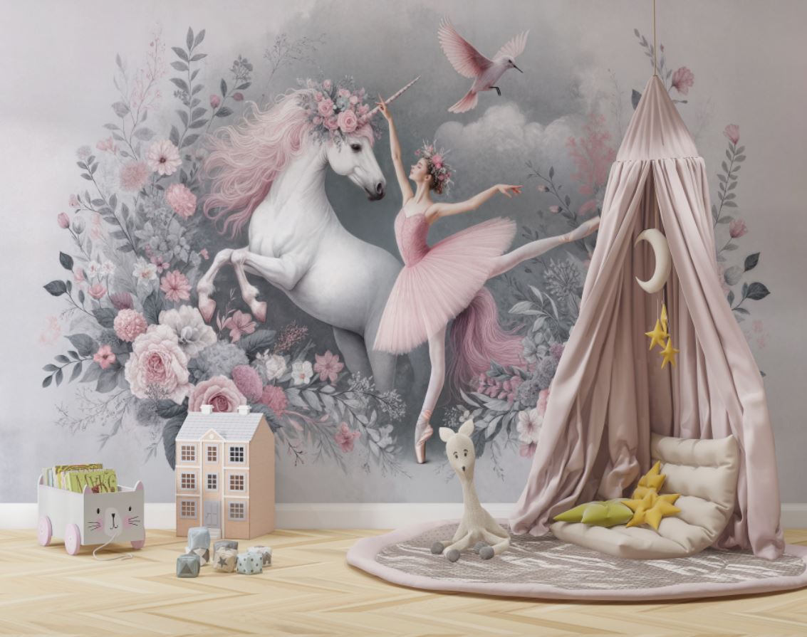 Tapet Personalizat Taramul Printeselor pentru copii cu unicorn si balerina cu elemente florale in nuante de roz - UNICORN BALLERINA
