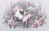 Tapet Personalizat Taramul Printeselor pentru copii cu unicorn si balerina cu elemente florale in nuante de roz - UNICORN BALLERINA