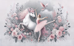 Tapet Personalizat Taramul Printeselor pentru copii cu unicorn si balerina cu elemente florale in nuante de roz - UNICORN BALLERINA