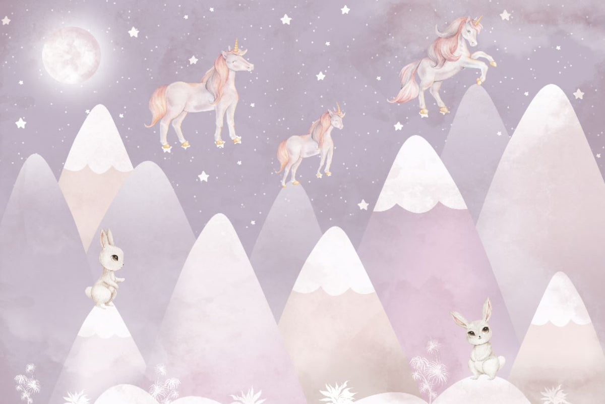Tapet Personalizat Taramul Printeselor pentru copii cu iepurasi si unicorni deasupra muntilor in nuante de mov - NIGHTY BUNNY UNICORN