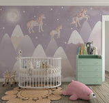 Tapet Personalizat Taramul Printeselor pentru copii cu iepurasi si unicorni deasupra muntilor in nuante de mov - NIGHTY BUNNY UNICORN