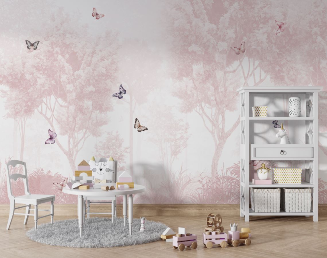Tapet Personalizat Taramul Printeselor pentru copii cu padure roz si fluturi colorati - PINK FOREST BUTTERFLIES