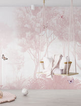 Tapet Personalizat Taramul Printeselor pentru copii cu padure roz si fluturi colorati - PINK FOREST BUTTERFLIES