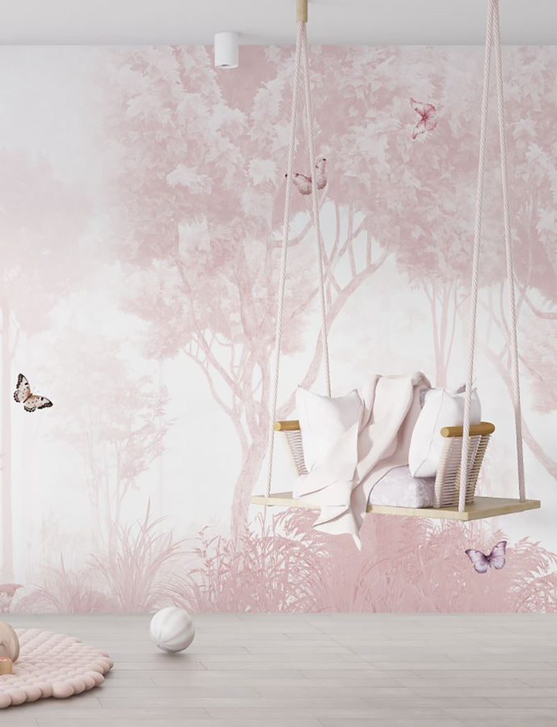 Tapet Personalizat Taramul Printeselor pentru copii cu padure roz si fluturi colorati - PINK FOREST BUTTERFLIES