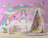Tapet Personalizat Taramul Printeselor pentru copii cu ponei unicorni si baloane peste curcubeu pe un fundal roz - MAGIC UNICORNS