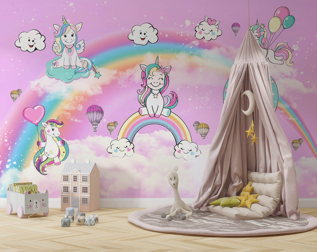 Tapet Personalizat Taramul Printeselor pentru copii cu ponei unicorni si baloane peste curcubeu pe un fundal roz - MAGIC UNICORNS