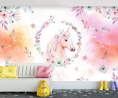Tapet Personalizat Taramul Printeselor pentru copii cu portret pictat de unicorn cu motive florale - UNICORN PORTRAIT