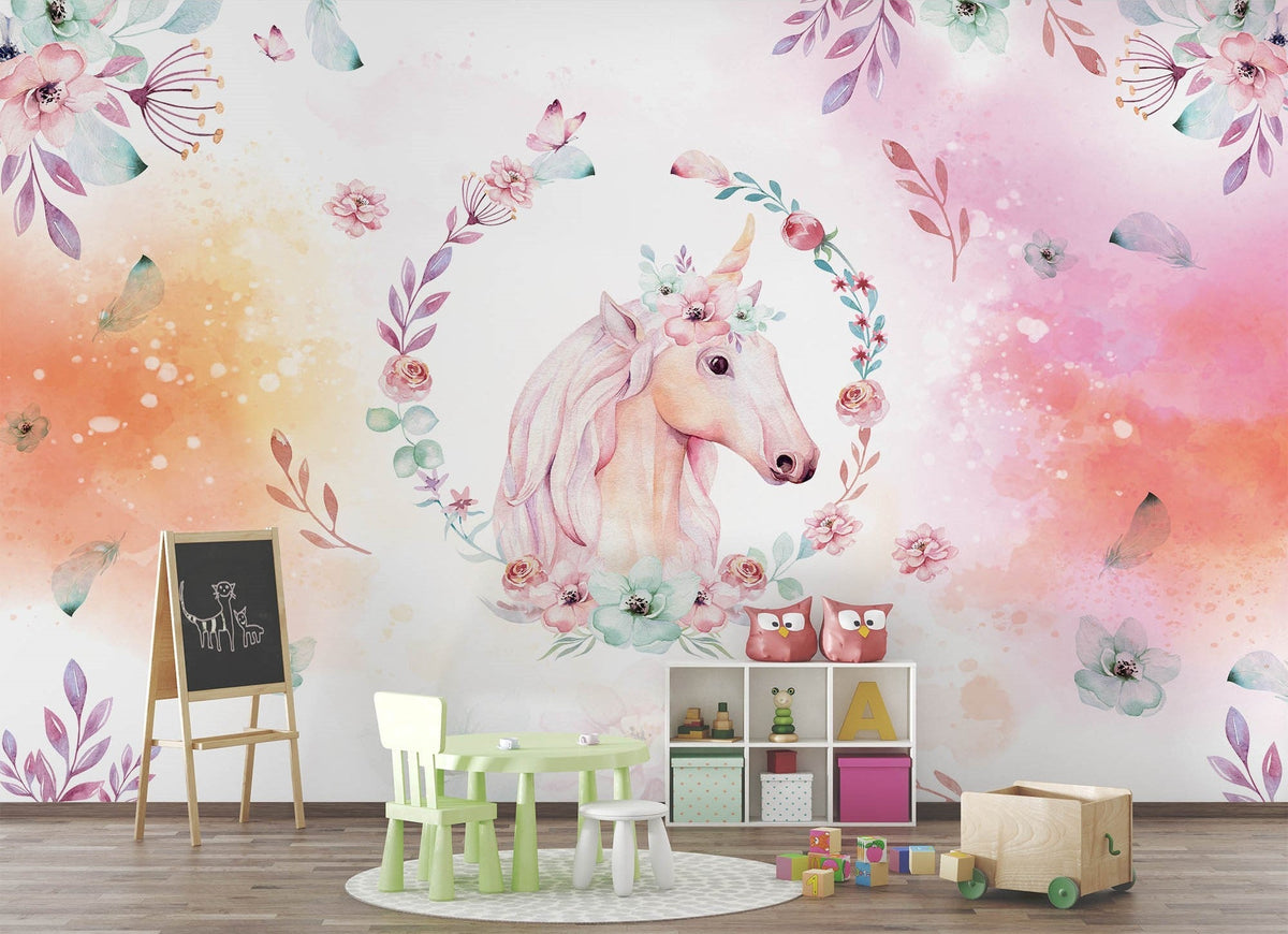 Tapet Personalizat Taramul Printeselor pentru copii cu portret pictat de unicorn cu motive florale - UNICORN PORTRAIT