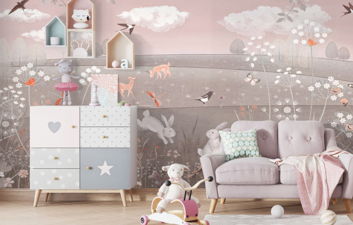 Tapet Personalizat Taramul Printeselor pentru copii cu iepurasi si animale pe o pajiste in nuante rozalii si maro  - PINK BUNNY HOP
