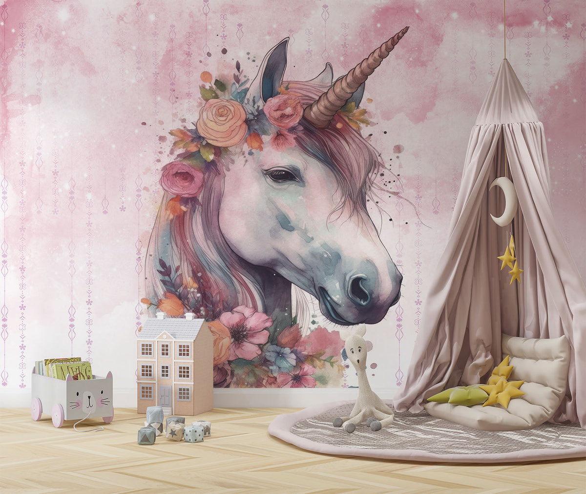 Tapet Personalizat Taramul Printeselor pentru copii cu unicorn si elemente florale - FLORAL UNICORN PORTRAIT