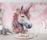 Tapet Personalizat Taramul Printeselor pentru copii cu unicorn si elemente florale - FLORAL UNICORN PORTRAIT