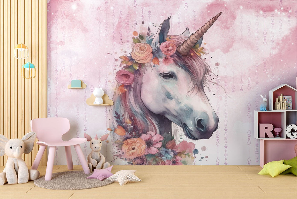 Tapet Personalizat Taramul Printeselor pentru copii cu unicorn si elemente florale - FLORAL UNICORN PORTRAIT