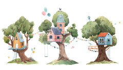 Tapet personalizat natura pentru copii cu casute colorate in copaci baloane si stegulete tree house