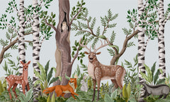 Tapet personalizat natura pentru copii cu padure amazoniana si animale salbatice printre care caprioare cerbi vulpe iepure raton si bufnita wild forest