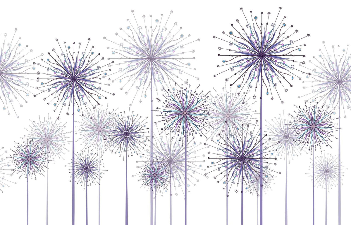 Tapet personalizat natura pentru copii cu flori de papadii mov pe fundal alb purple dandelions