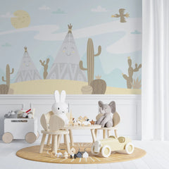 Tapet personalizat natura pentru copii cu corturi si cactusi in desert desert tents