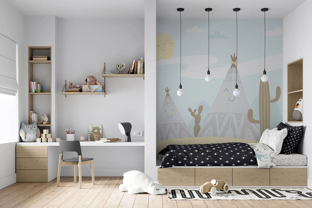 Tapet personalizat natura pentru copii cu corturi si cactusi in desert desert tents