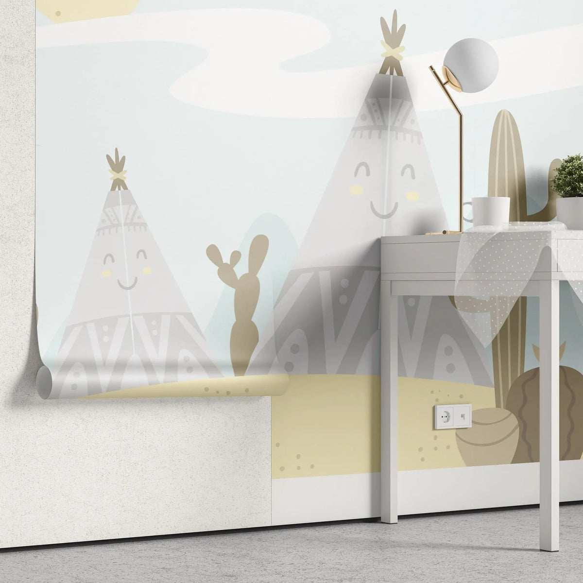 Tapet personalizat natura pentru copii cu corturi si cactusi in desert desert tents