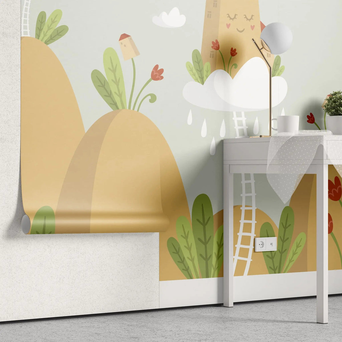 Tapet personalizat natura pentru copii cu case rosii care plutesc pe nori floating house